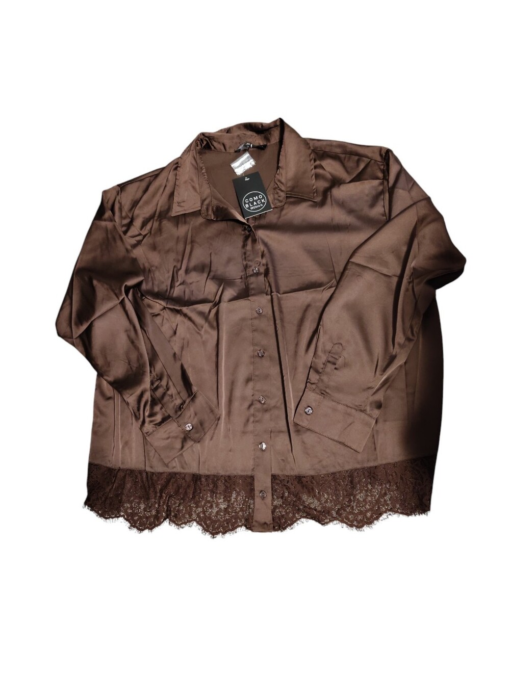 Como Black Women’s Brown Satin Lace-Trim Button Up Top, Size 2X, NWT